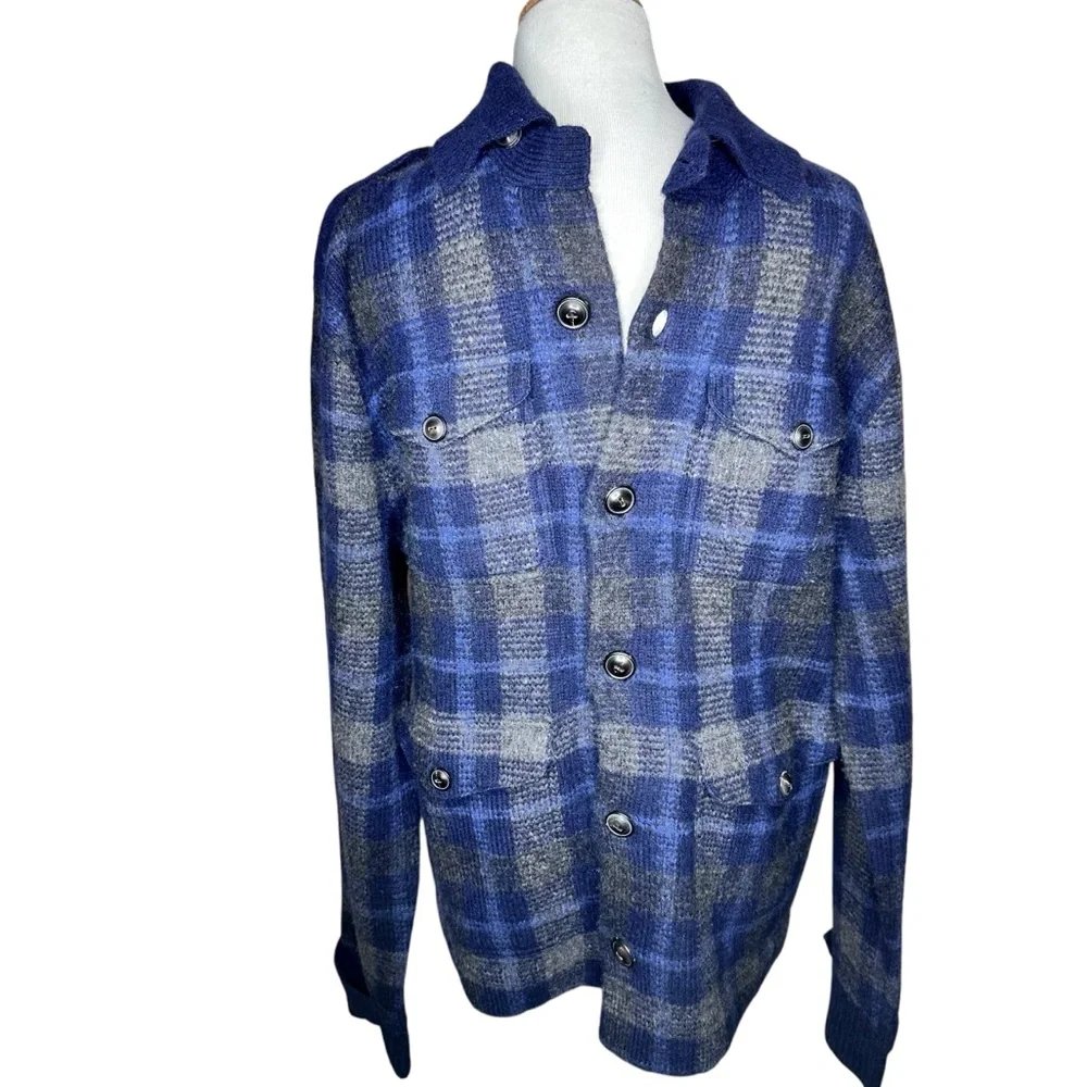Vintage 80s Polo Ralph Lauren Plaid Wool & Alpaca Cardigan Sweater Jacket Blue
